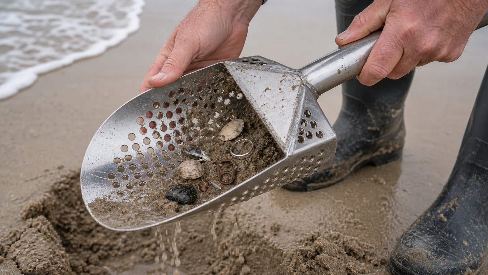 Stainless steel sand scoop draining wet beach sand around shells and a small ring