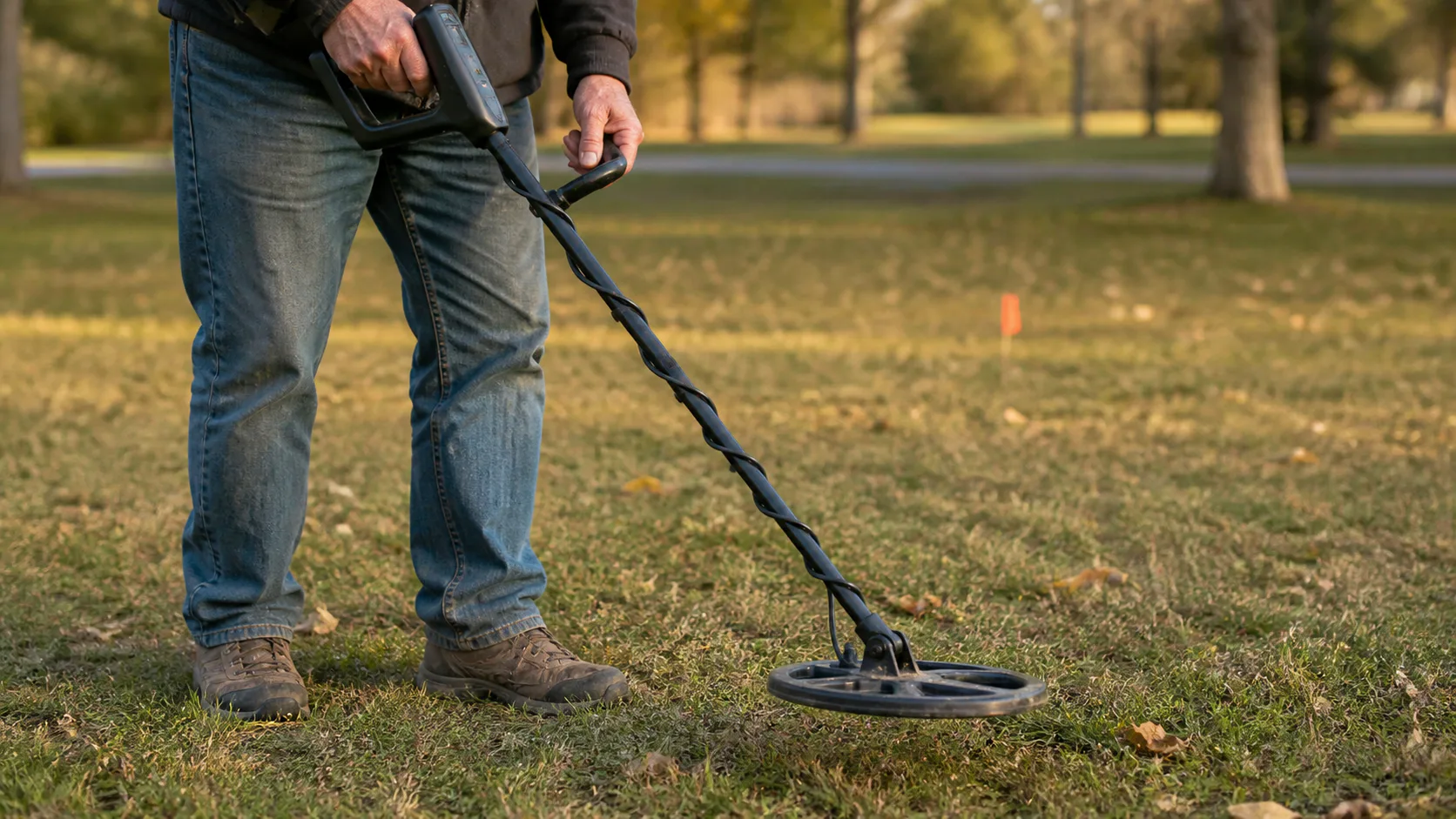 Metal detector coil held flat and low above grass during a proper sweep